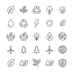 Modern outline icons for environmental sustainability and eco-friendly concepts. Illustrating nature, renewable energy, and global ecological responsibility for design