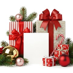 Christmas gift boxes with ornament and pine branch isolated on white background
