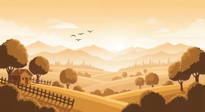 Serene countryside landscape with rolling hills and farmhouse