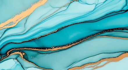 Abstract fluid art background with vibrant turquoise blue and flowing gold metallic ink texture