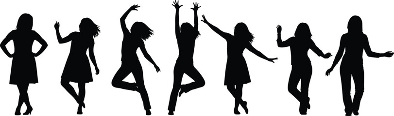 Energetic silhouette group of women dancing in various poses, expressing joy, movement, creativity, freedom, celebration, rhythm, style, and artistic expression