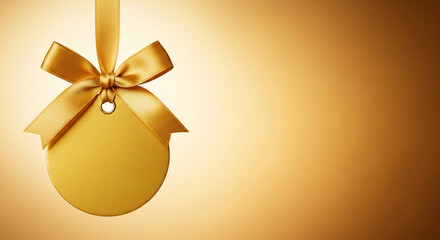 Image displays a golden tag with bow, hanging against a golden gradient background, representing gift, award, or special promotion event, free space