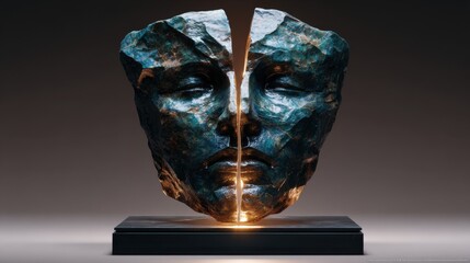 Abstract stone sculpture of a split human face with eyes closed, featuring rich textures and subtle lighting, symbolizing introspection and identity.