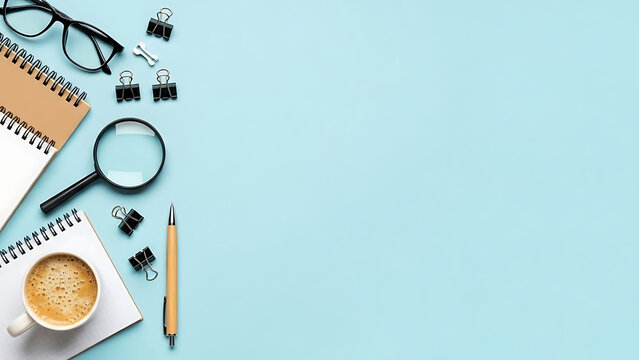 Work space with coffee, notebooks and office supplies on blue background - Powered by Adobe