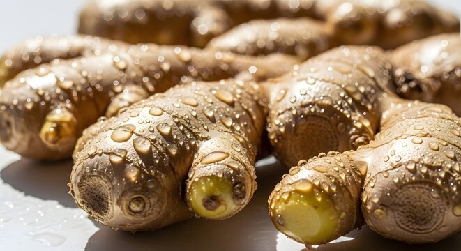 Closeup of a fresh ginger root with water droplets, highlighting its texture