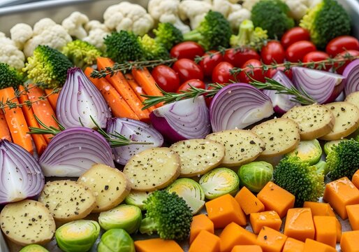 A colorful assortment of fresh, chopped vegetables including gingers arranged on a baking sheet, ready for cooking