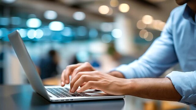 Side view of person working on laptop face not shown computer work digital design laptop use workspace activity professional work side angle office setting defocused with