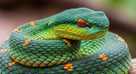 Vivid green pit viper with striking red eyes coiled tightly