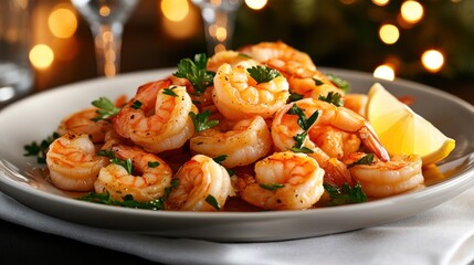 Luxurious shrimp cocktail elegantly plated with fresh parsley and lemon, set against a backdrop of twinkling lights, perfect for upscale catering promotions.