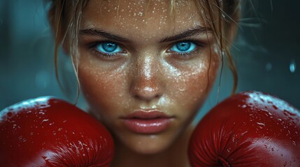 A focused female boxer with red gloves, sweat glistening on her determined face, embodies strength and concentration.