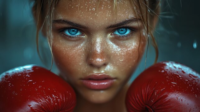 A focused female boxer with red gloves, sweat glistening on her determined face, embodies strength and concentration.