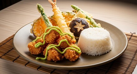 Plate of assorted tempura with fried chicken bites, steamed rice, and shiitake mushroom garnish