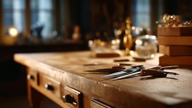 Wooden desk with retro design tools no faces visible vintage workspace classic desk retro aesthetic traditional tools timeless design wooden surface nostalgic setup desk
