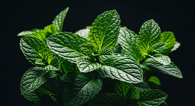 Close up of fresh green mint leaves against a dark background showing intricate leaf details and texture