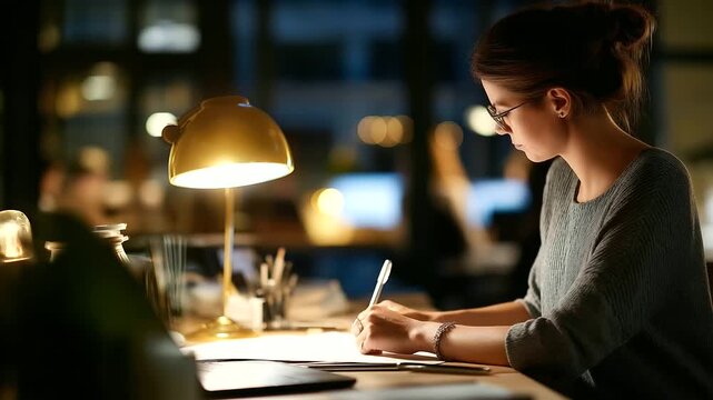 Designer working at desk with desk lamp at night face not clearly visible late night work overtime freelance hours night shift dedicated work evening design dark office