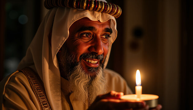 Older man in dashiki lighting candle with warm glow on face  