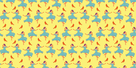 Retro wrapping paper print. Fun women's feminist party on yellow. Seamless horizontal pattern. Christmas vintage cartoon wallpaper.