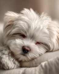 A sweet white fluffy Maltese puppy is seen sleeping peacefully on a soft surface, dreaming sweetly and resting in a moment of quiet contentment indoors.