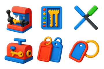 Vibrant Key Tool Icons. 3D icon set of key-making tools: key duplicator, key gauge, key files, key machine, key tags, key rings. A