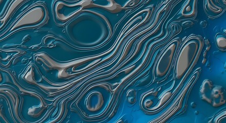 Abstract blue and silver metallic fluid texture with swirling patterns and liquid surface effect