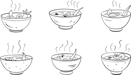 Different styles hot soup bowls line art vector