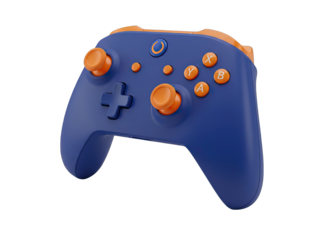 Modern Video Game Controller in Blue and Orange with Buttons and Joysticks on a Transparent Background Rendered in 3D