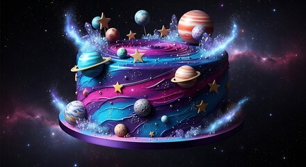 A vibrant galaxy space themed birthday cake decorated with planets and stars against a dark background