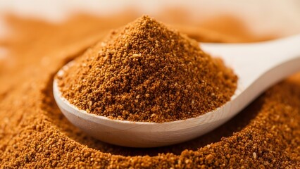 Spoonful of ground cinnamon spice close up view