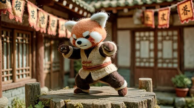 Animated red panda practicing martial arts outdoors with ancient architecture backdrop