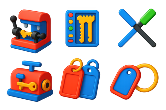 Vibrant Key Tool Icons. 3D icon set of key-making tools: key duplicator, key gauge, key files, key machine, key tags, key rings. A