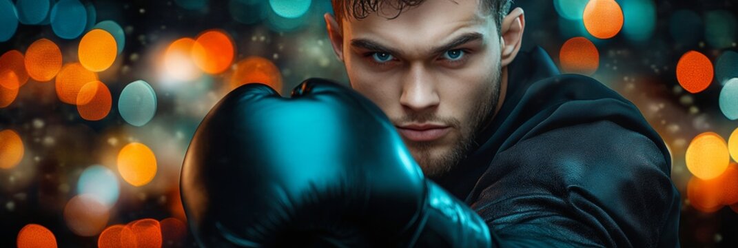 Dynamic Boxer in Defensive Stance with Intense Gaze and Blurred Background Ready for Action