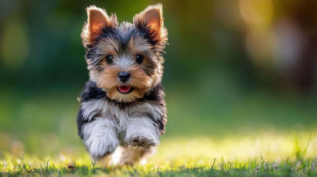 An adorable Yorkshire terrier puppy with bright eyes and a happy expression is running playfully through the vibrant green grass on a warm and sunny day now.