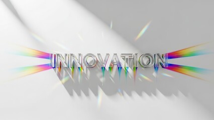 Innovative, futuristic word "INNOVATION" rendered in metallic 3D text with rainbow light refractions, symbolizing creativity.