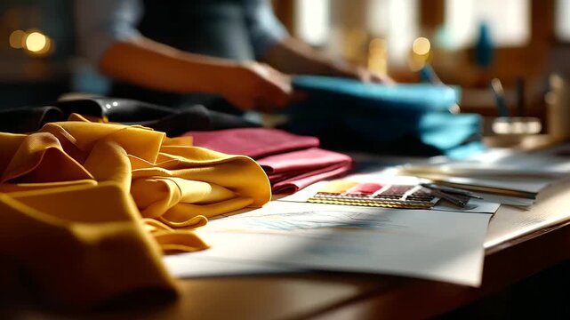 Overhead view of fashion sketches and fabric samples no faces visible design planning fashion illustration textile selection clothing design sketch papers material swatches