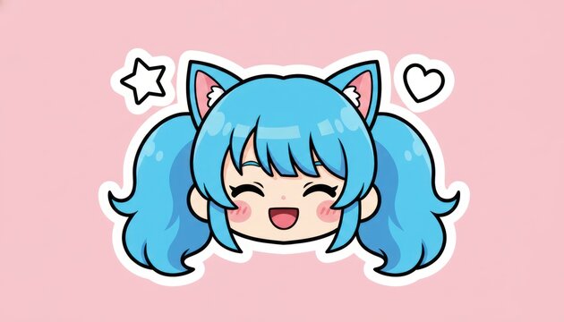 Chibi anime girl with blue hair, cat ears, and a wink&mdash;sticker on pink with star & heart, flat vector style.. Generative AI