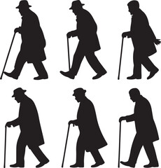 Silhouetted Elderly Man Walking with Cane in Various Poses and Angles