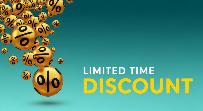 Image shows many gold sphere with percent symbol on blue background, representing limited time discount, sale, promotion, business offer, opportunity
