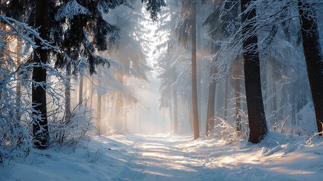 Enchanting winter forest path blanketed in fresh snow, illuminated by the soft golden glow of a misty morning, creating a serene and picturesque landscape - Powered by Adobe