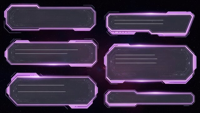 A collection of six futuristic, glowing, and holographic user interface HUD panel design elements against a dark background.