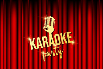 Karaoke Party Night Live Show Open Mic Sign on Empty Theater Stage with Spotlight. Vintage Microphone Against Red Curtain Backdrop