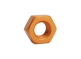 Orange Hexagonal Metal Nut Fastener with Inner Thread Detail Isolated on Transparent Background