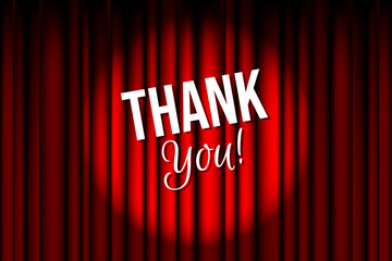 Thank You Typography on Closed Red Silky Luxury Theater Curtain with Spotlight Beam Background