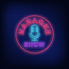 Karaoke Show Neon Label with Circular Frame and Microphone Icon Talent Performance Vector Illustration