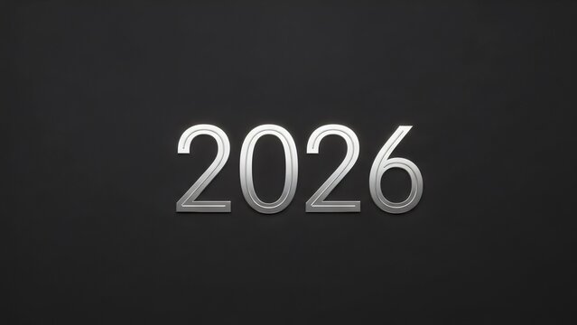 Sleek Silver 3D 2026 Numbers on Dark Gray Background for Corporate New Year, Business and Technology