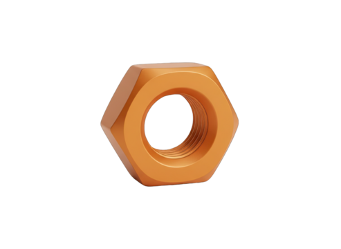 Orange Hexagonal Metal Nut Fastener with Inner Thread Detail Isolated on Transparent Background