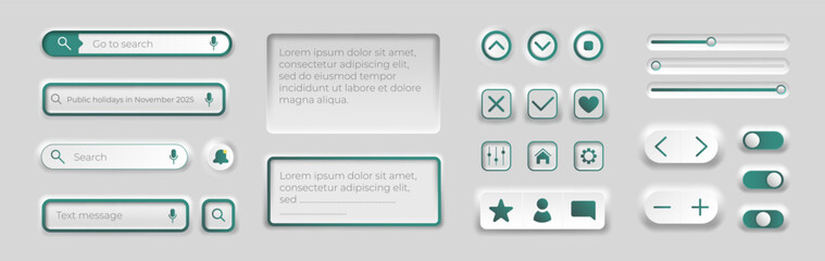3D search bar. Button icons. UI elements with boxes, circles and lines. Website minimal design. Modern internet interface. Layout for web navigation. Search frame. Vector click dashboard template