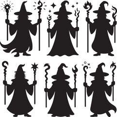 Silhouettes of wizards with magical staffs and hats vector illustration