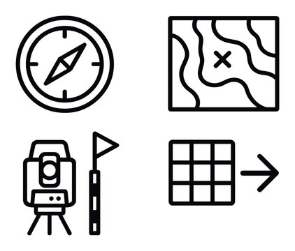 Geolocation icon set featuring compass map survey tools navigation symbols
