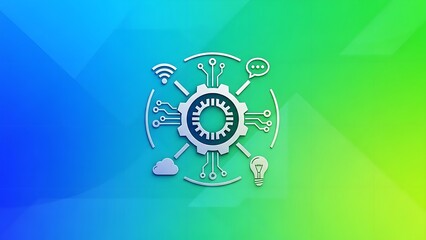 Illustration of a gear with surrounding technology icons on a gradient background
