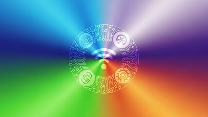 A colorful background with a wifi symbol and icons in a circular circuit design